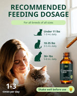 Cat constipation relief drops bottle with recommended dosage chart and cat silhouettes