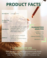 Cat constipation relief drops label panel with guaranteed analysis and ingredients list