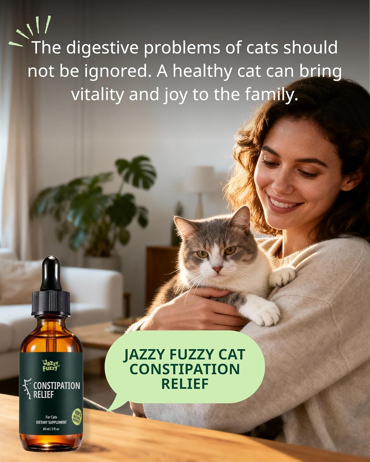 Cat constipation relief drops bottle with cat and person holding a pet