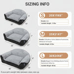 Faux fur pet sofa bed size diagrams showing grey cushion and dark ribbed base