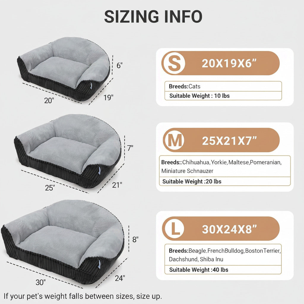 Faux fur pet sofa bed size diagrams showing grey cushion and dark ribbed base