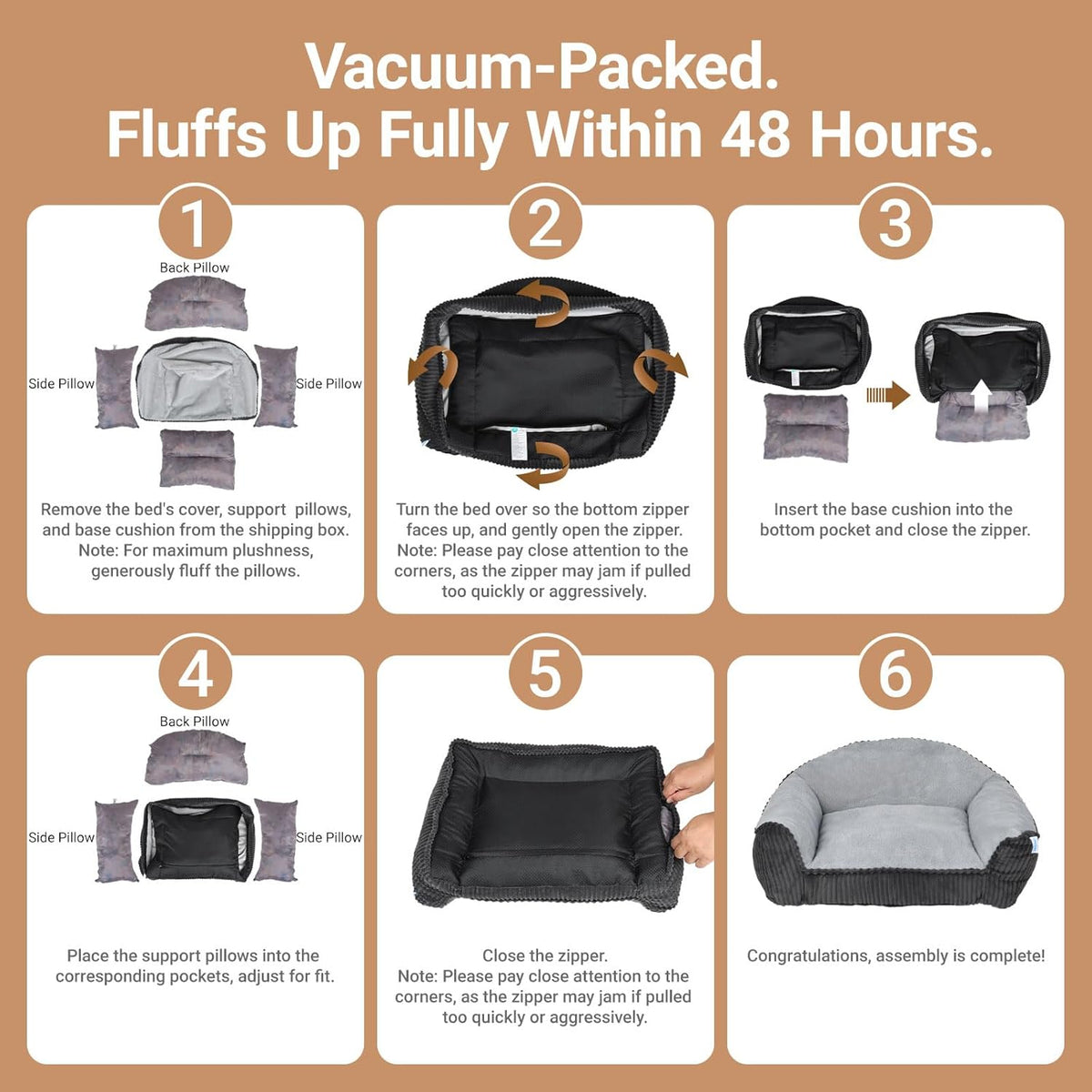 Vacuum-packed faux fur pet sofa bed with zipper cover and folded cushion pieces