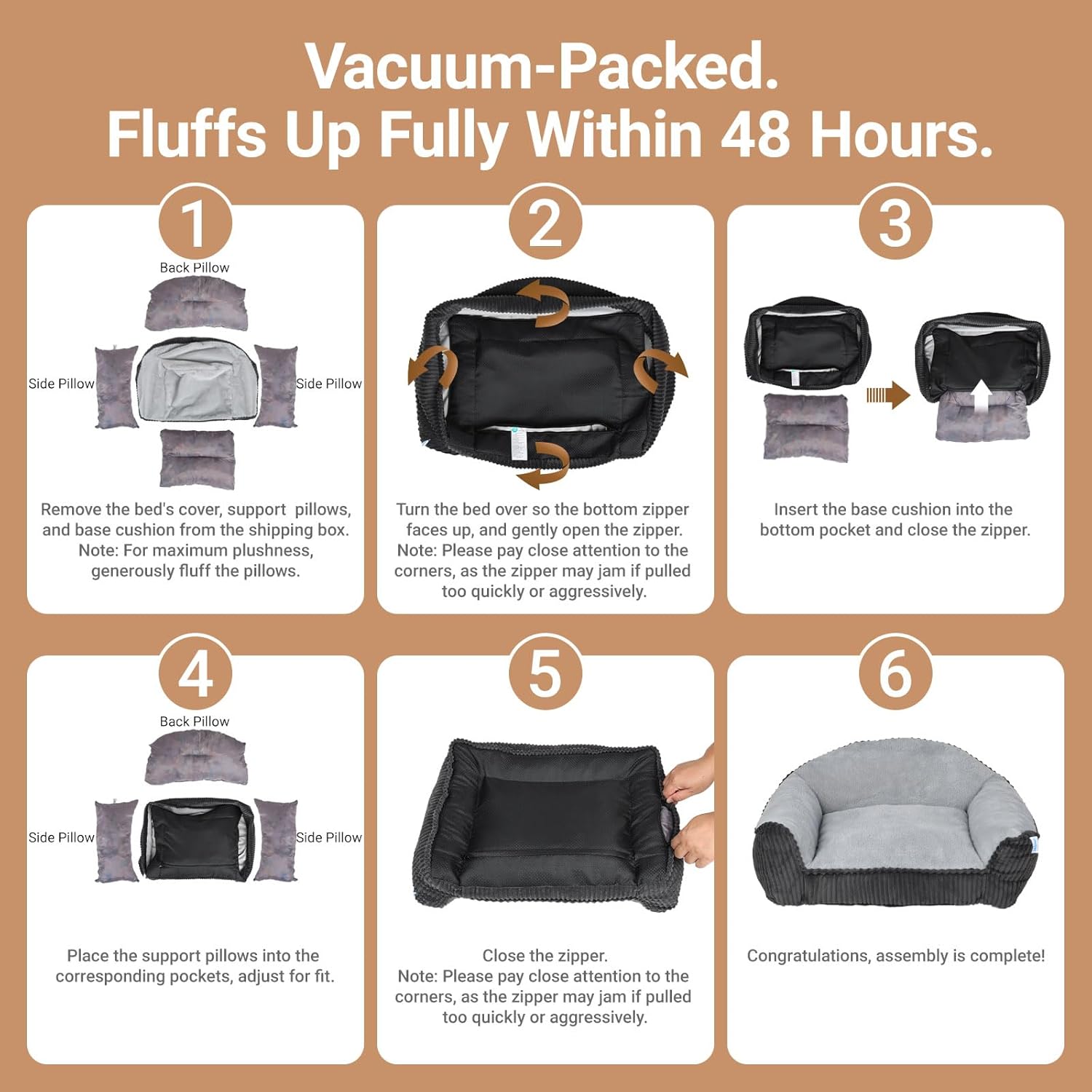 Vacuum-packed faux fur pet sofa bed with zipper cover and folded cushion pieces