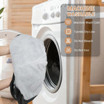 Washable grey faux fur pet sofa bed cover shown near a front-loading washing machine