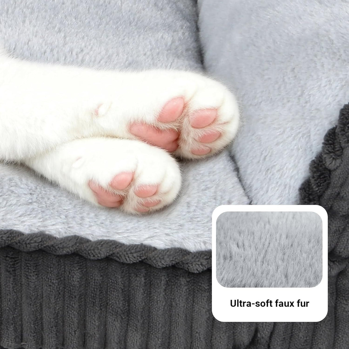 Grey faux fur pet bed with close-up paws resting on the soft inner cushion