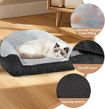 Grey faux fur pet sofa bed on wood floor with non-slip bottom and zip-off cover icons