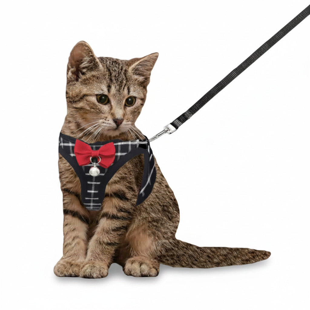 Breathable cat harness and leash set, dark plaid with red bow and bell