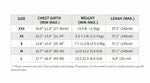 Size chart for cat harness: XXS–L chest girth, weight range, and leash length