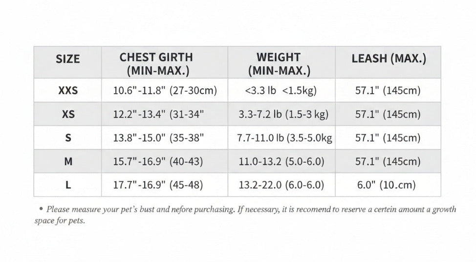 Size chart for cat harness: XXS–L chest girth, weight range, and leash length
