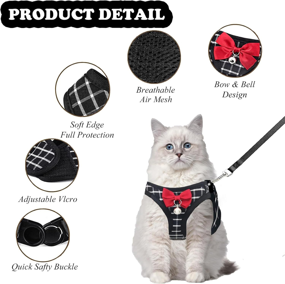 Black plaid harness detail: breathable air-mesh, soft edges, bow and bell