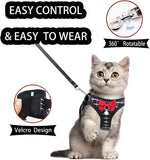 Cat in black plaid harness with adjustable webbing leash, 360° rotatable clasp