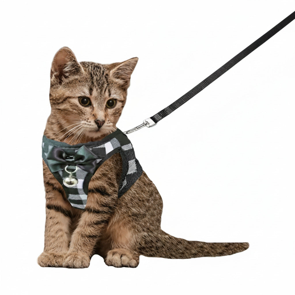 Breathable cat harness and leash set, dark plaid with teal bow and bell