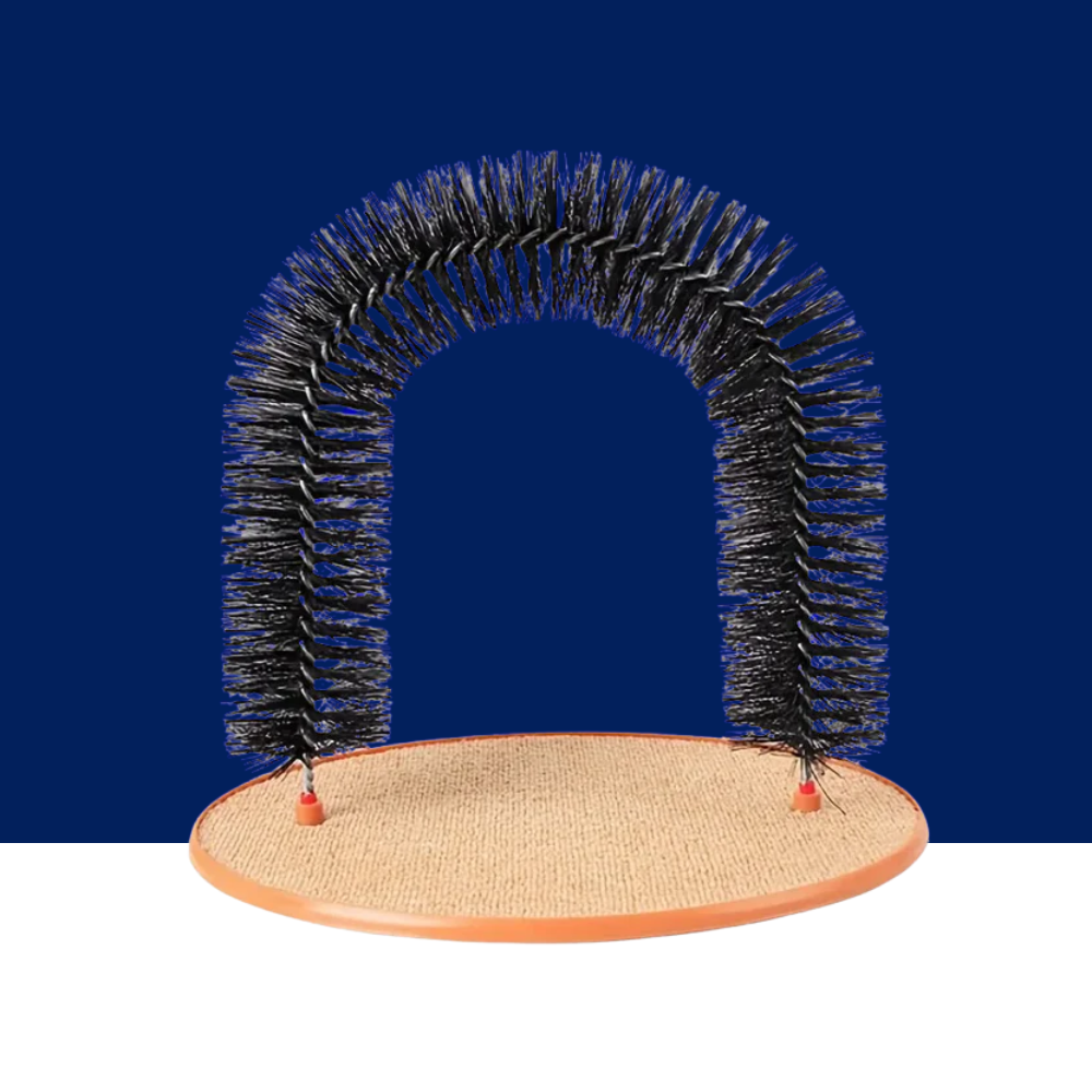 Black bristle cat arch self-groomer with tan scratching base and red corner pegs