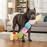 Colorful plush caterpillar toy with yellow head and red feet, carried by a dark dog