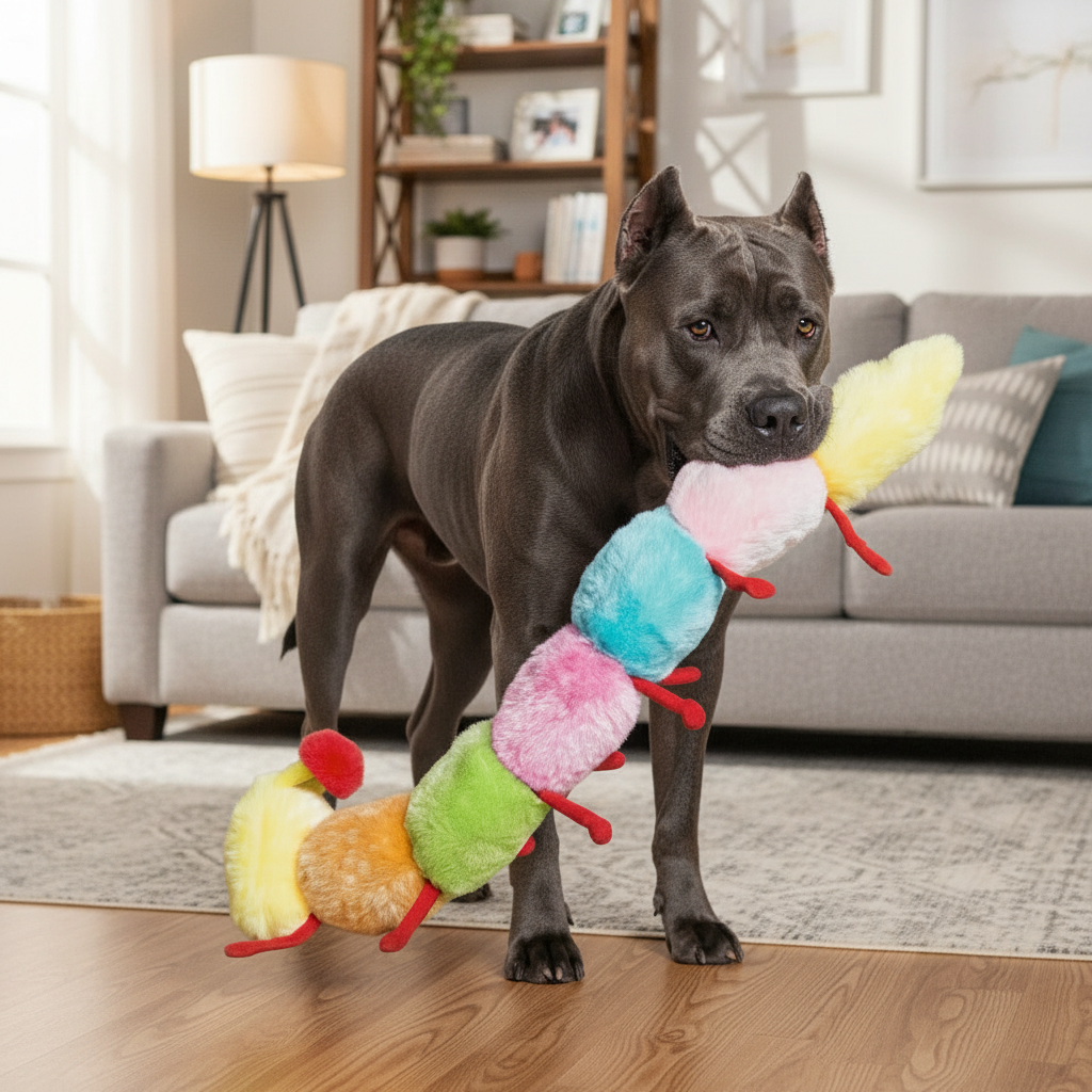 Colorful plush caterpillar toy with yellow head and red feet, carried by a dark dog