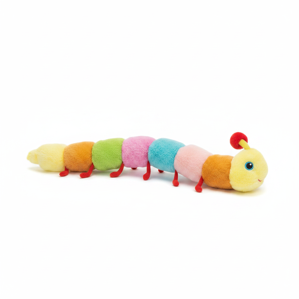 Colorful plush caterpillar dog toy with yellow head and striped body segments