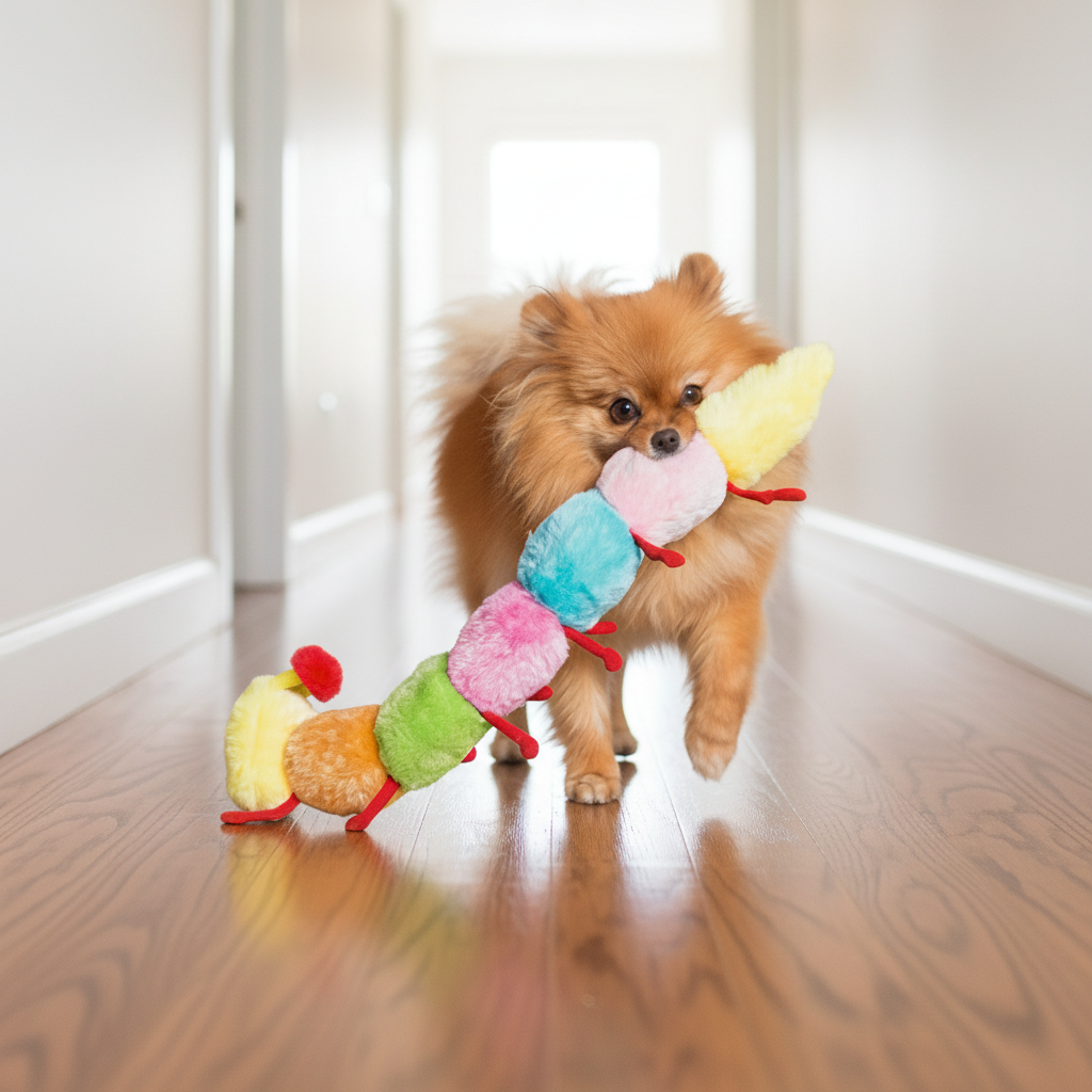 Colorful plush caterpillar toy with yellow head and multicolor segments, held by a small dog
