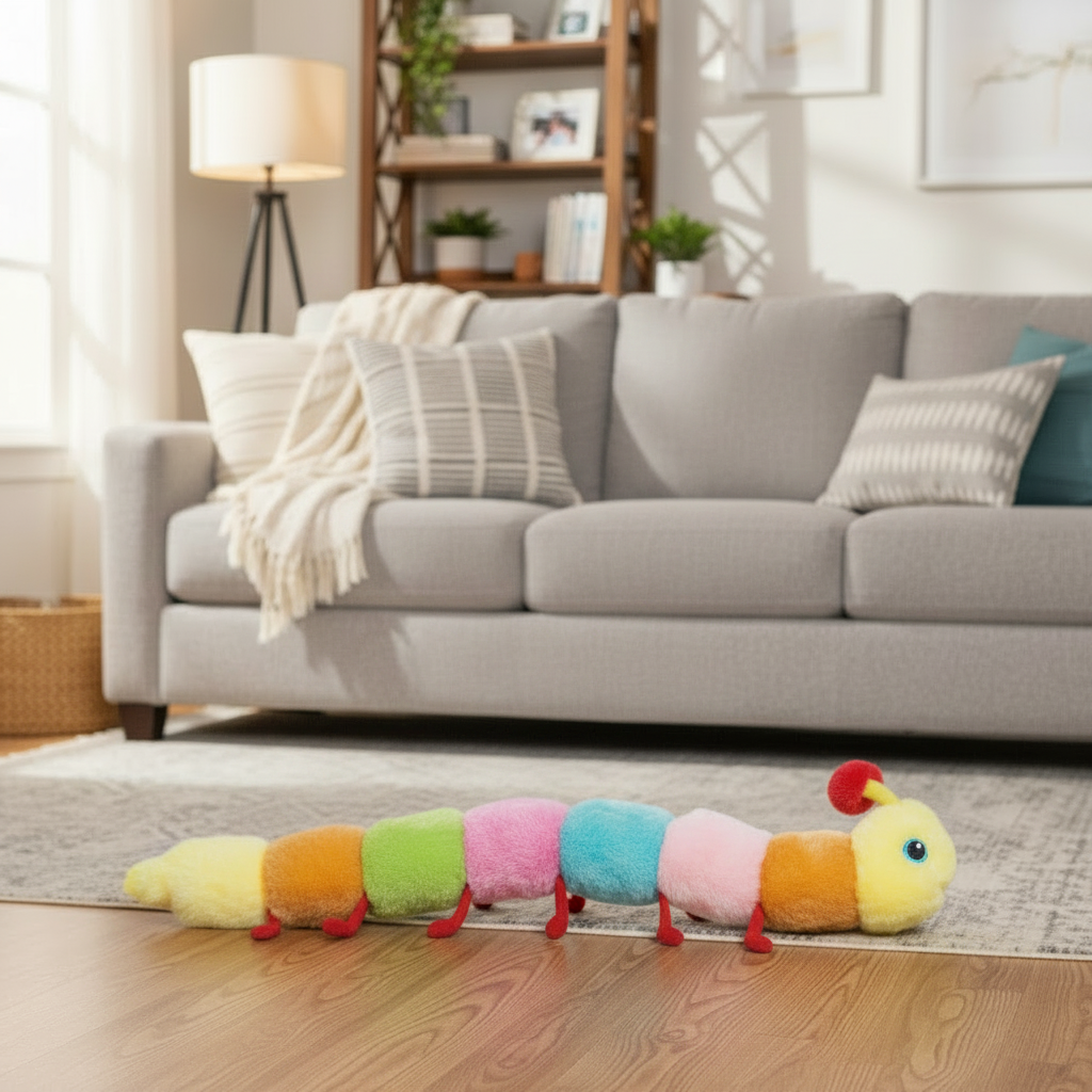 Colorful plush caterpillar dog toy with striped segments, yellow head, and red feet