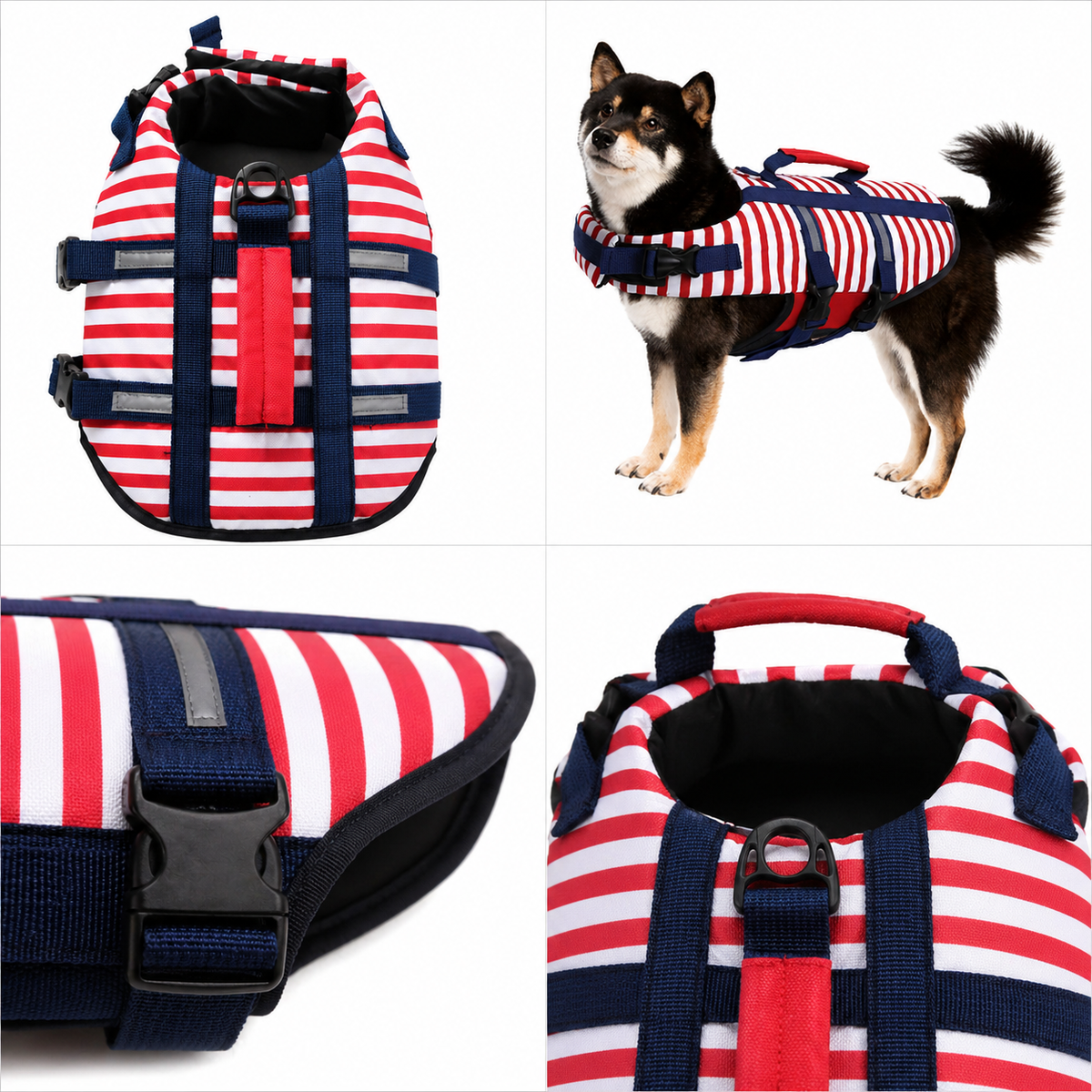 Red, white, and navy striped dog life jacket with safety handle and buckles