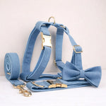 Blue denim dog collar and leash set with harness and matching bowtie, gold hardware