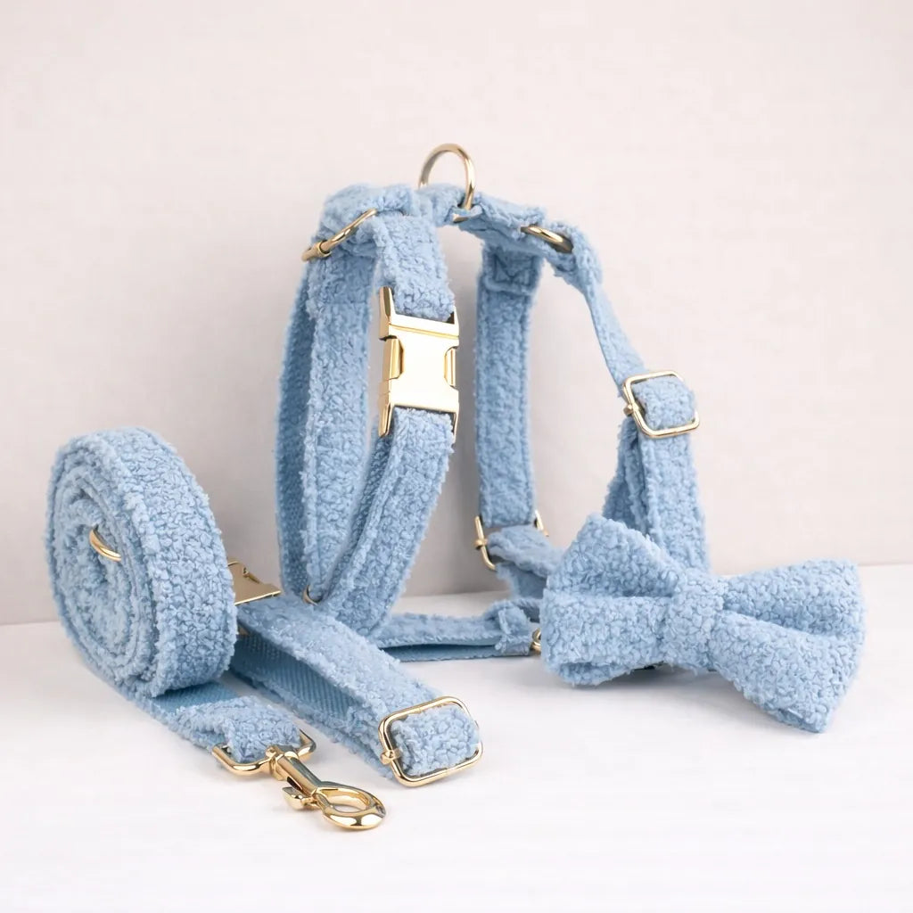 Light blue teddy dog collar, bowtie and leash set with gold buckles and clips