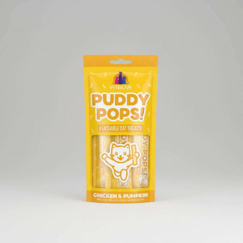 Chicken & pumpkin lickable cat treats pouch, yellow Puddy Pops pack