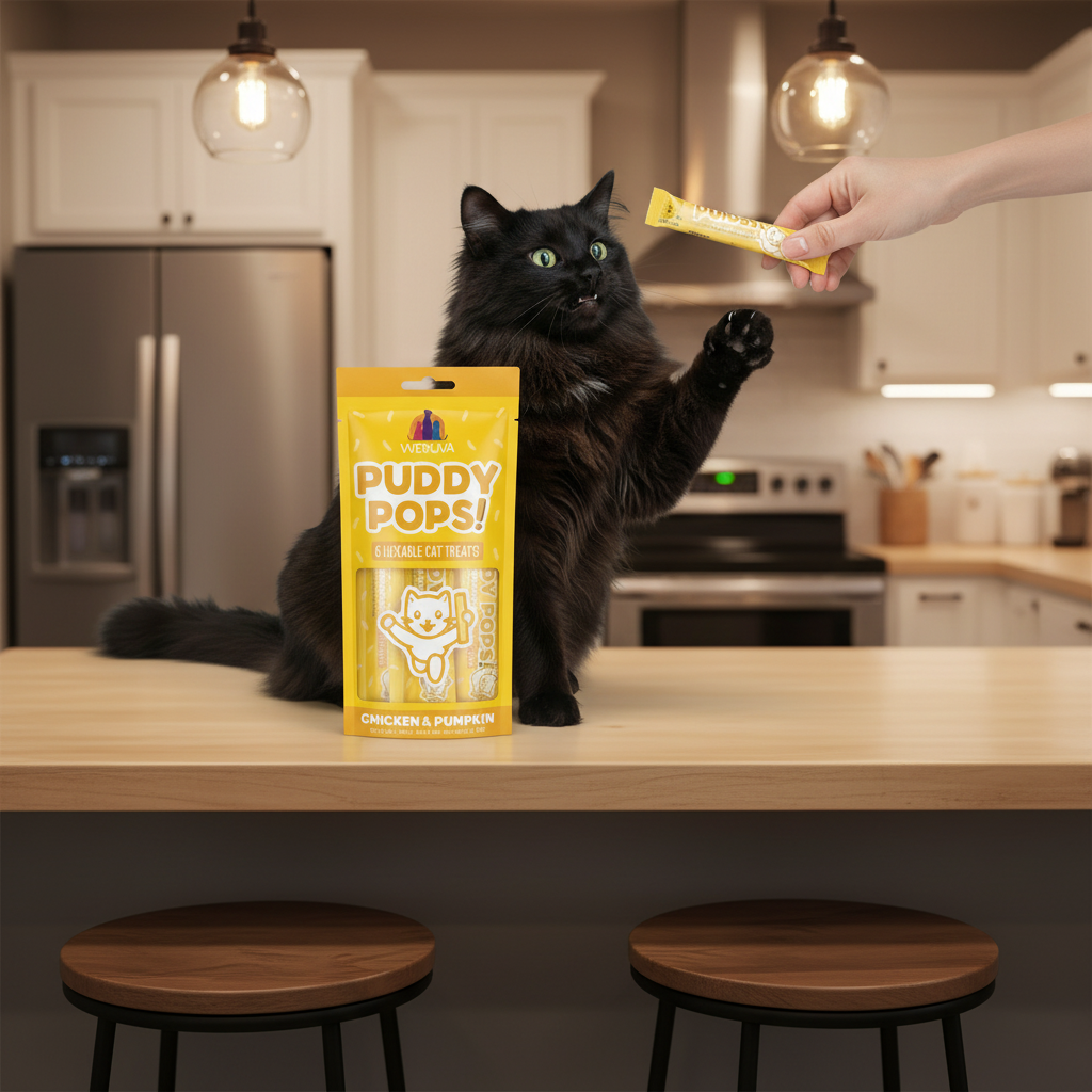 Lickable chicken & pumpkin cat treat pouch with cat reaching for one stick