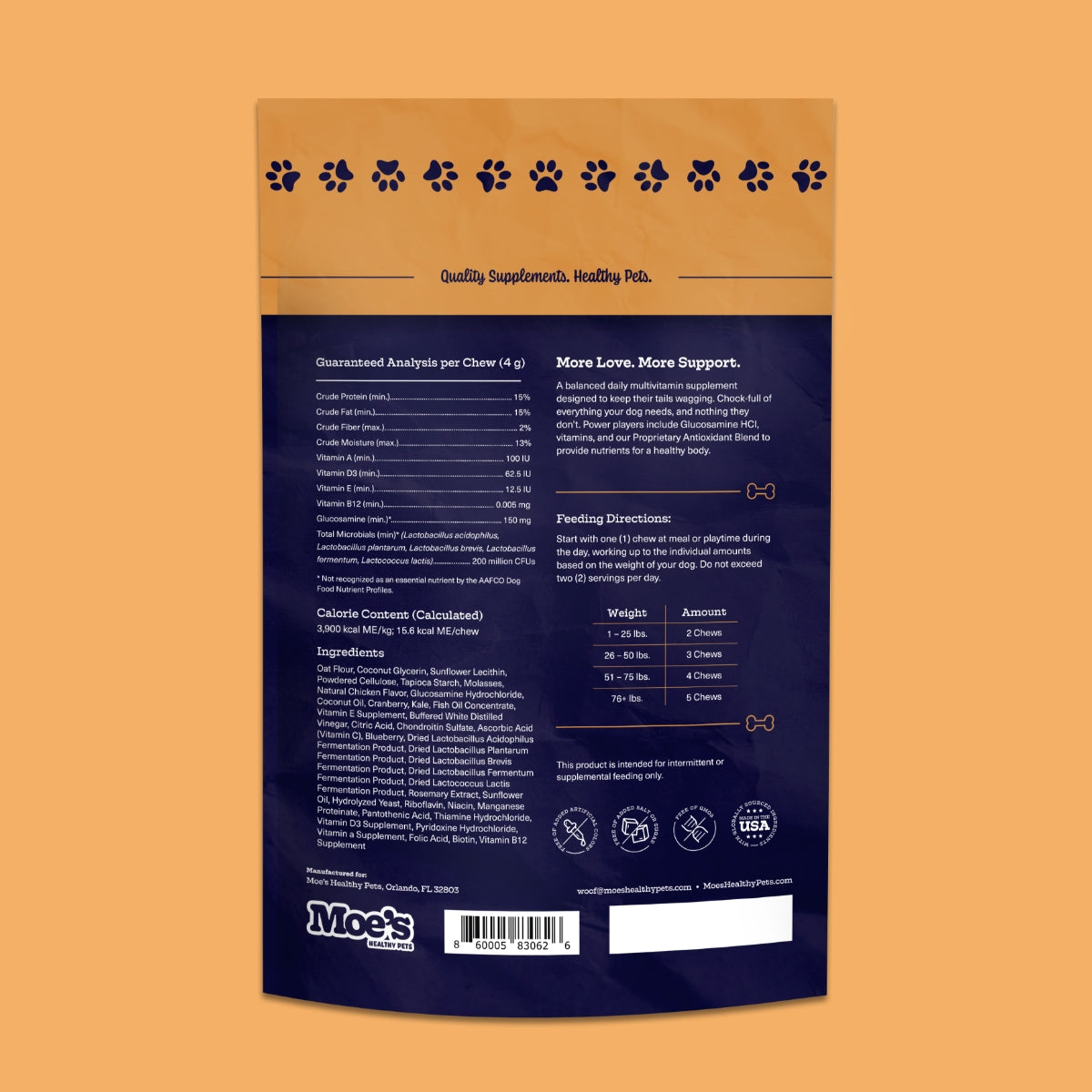 Back view of dog multivitamin chew supplement pouch with ingredient table.