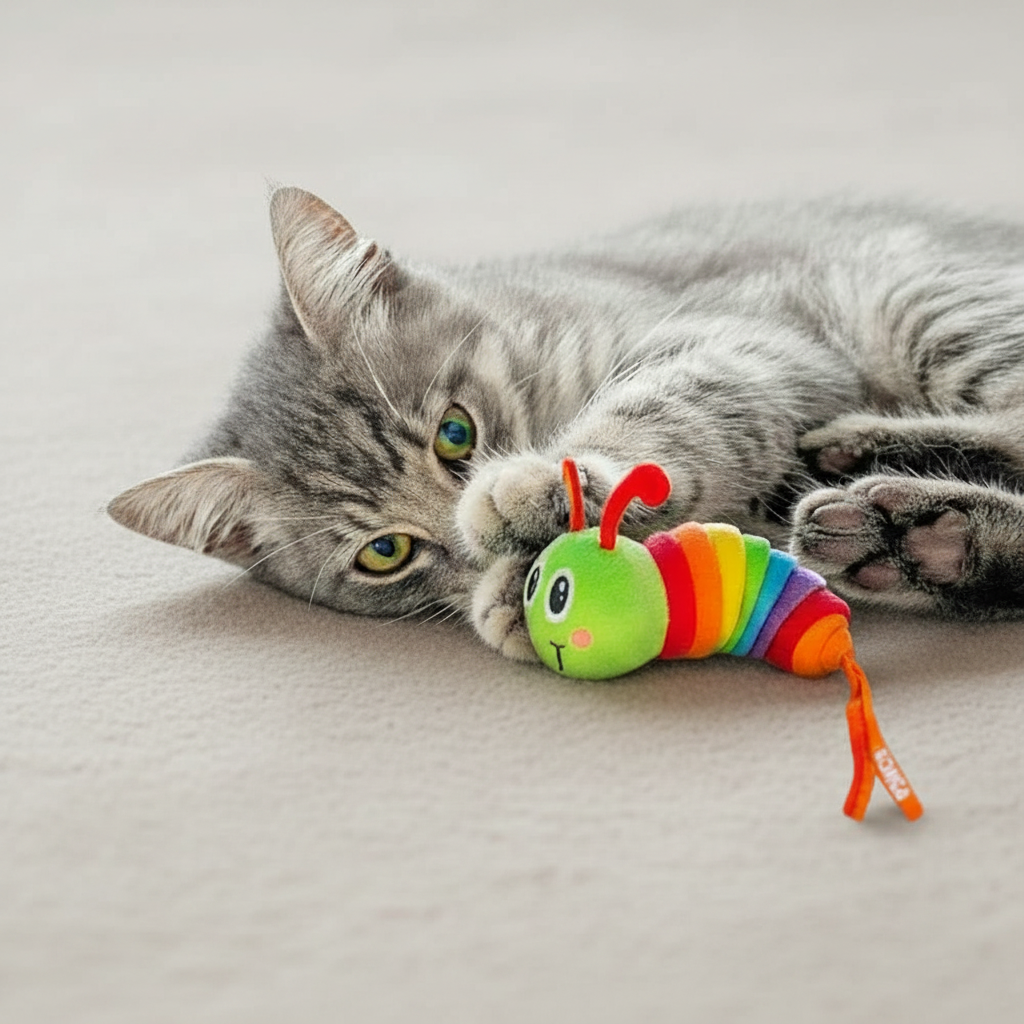 Cat lying with rainbow-striped caterpillar plush toy, red antennae, orange tail strap