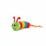Caterpillar plush cat toy with rainbow striped body and red antennae