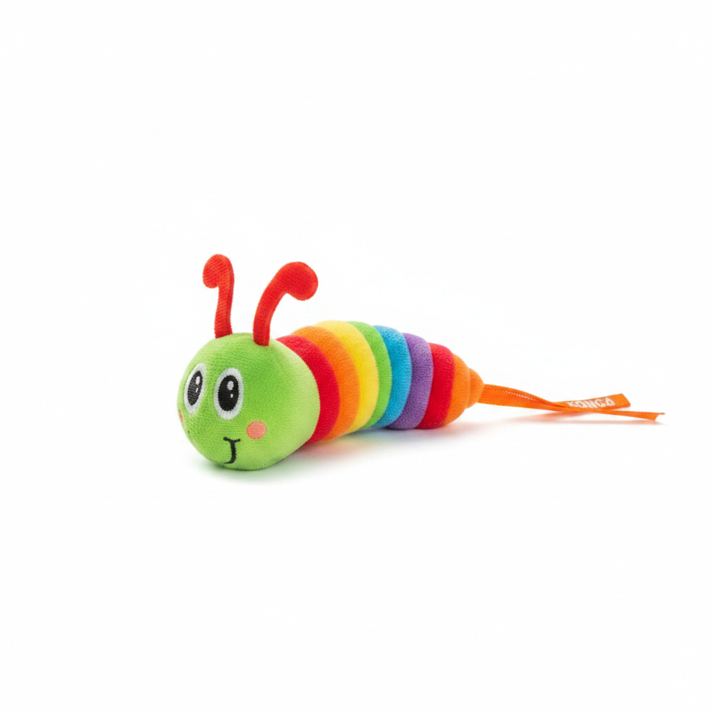 Caterpillar plush cat toy with rainbow striped body and red antennae