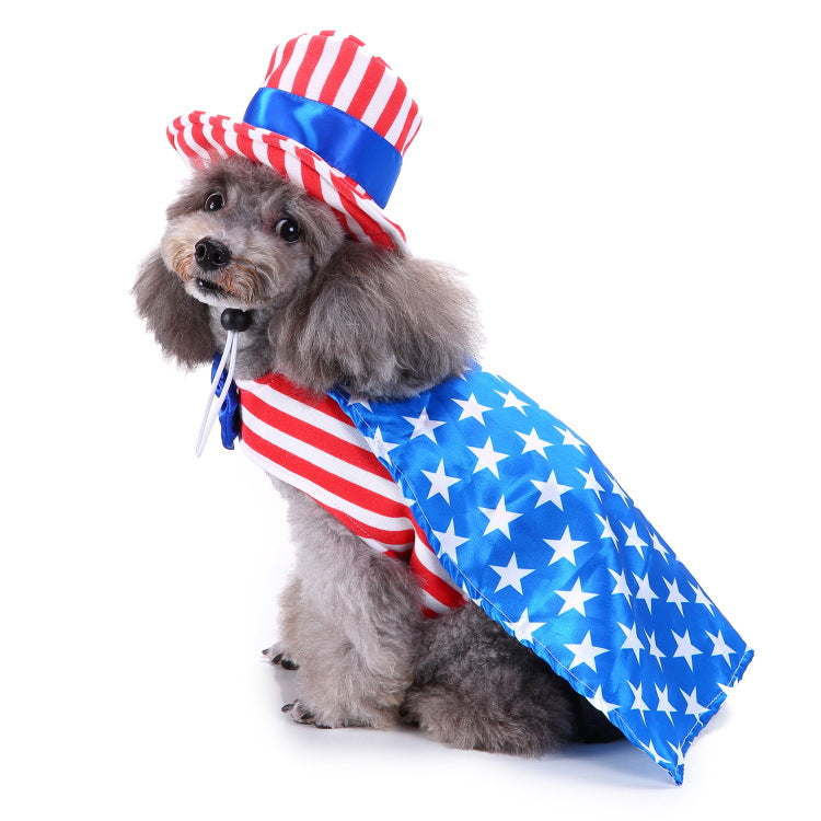 Patriotic dog costume with red-white striped hat and blue star dress