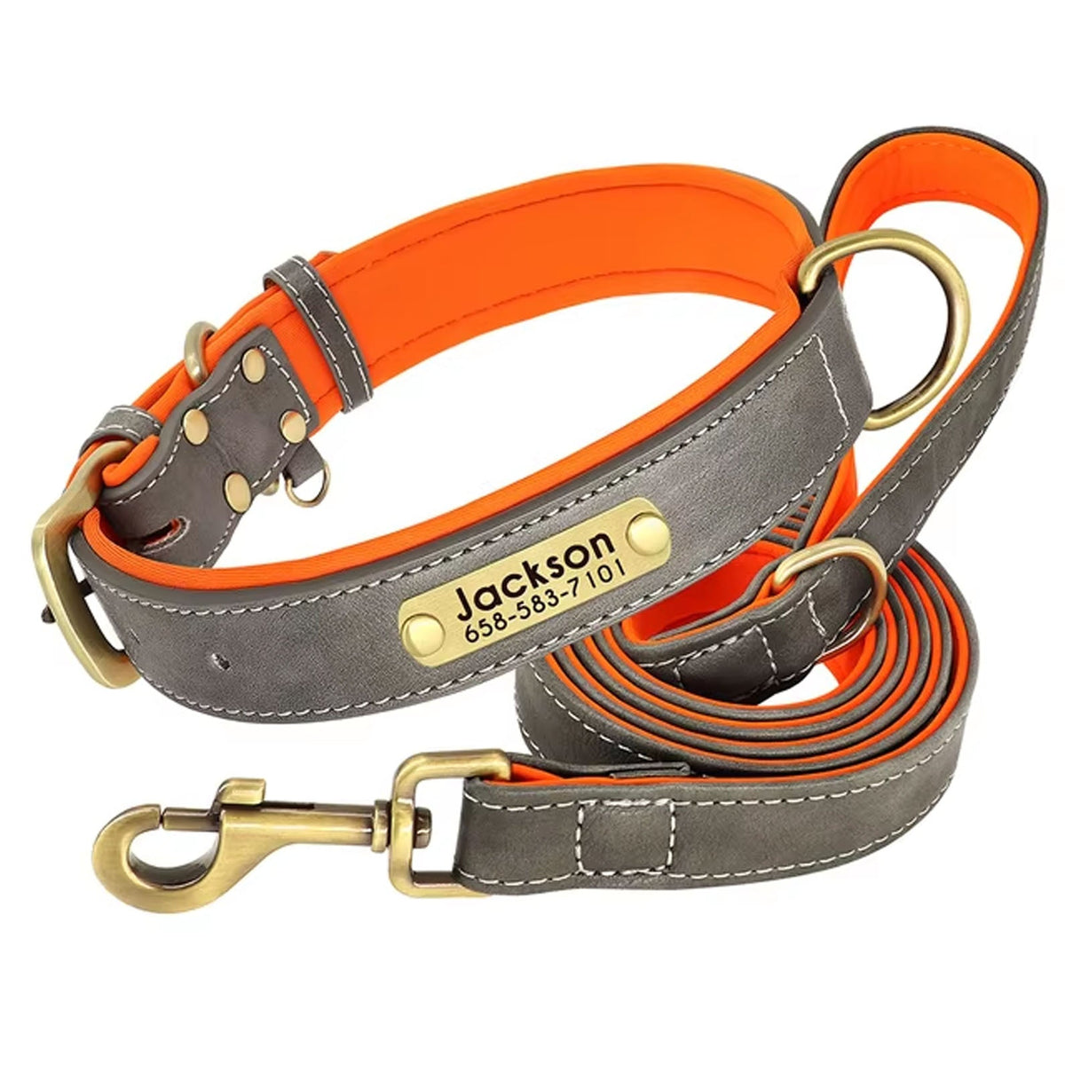 Gray dog collar with orange accents and engraved brass ID tag, gold hook clasp