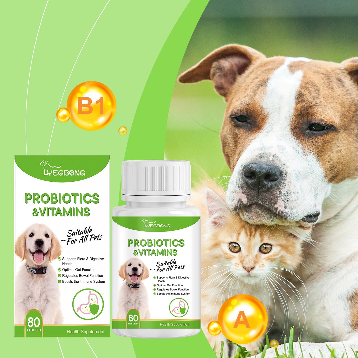 Probiotics & Vitamins supplement bottle with matching box, 80 tablets