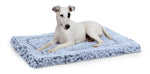 Gray plush fleece mat pet bed with raised border, dog lying centered
