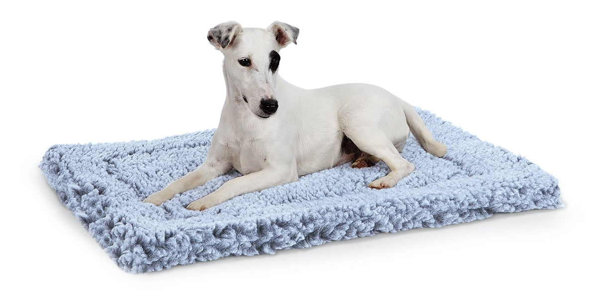 Gray plush fleece mat pet bed with raised border, dog lying centered
