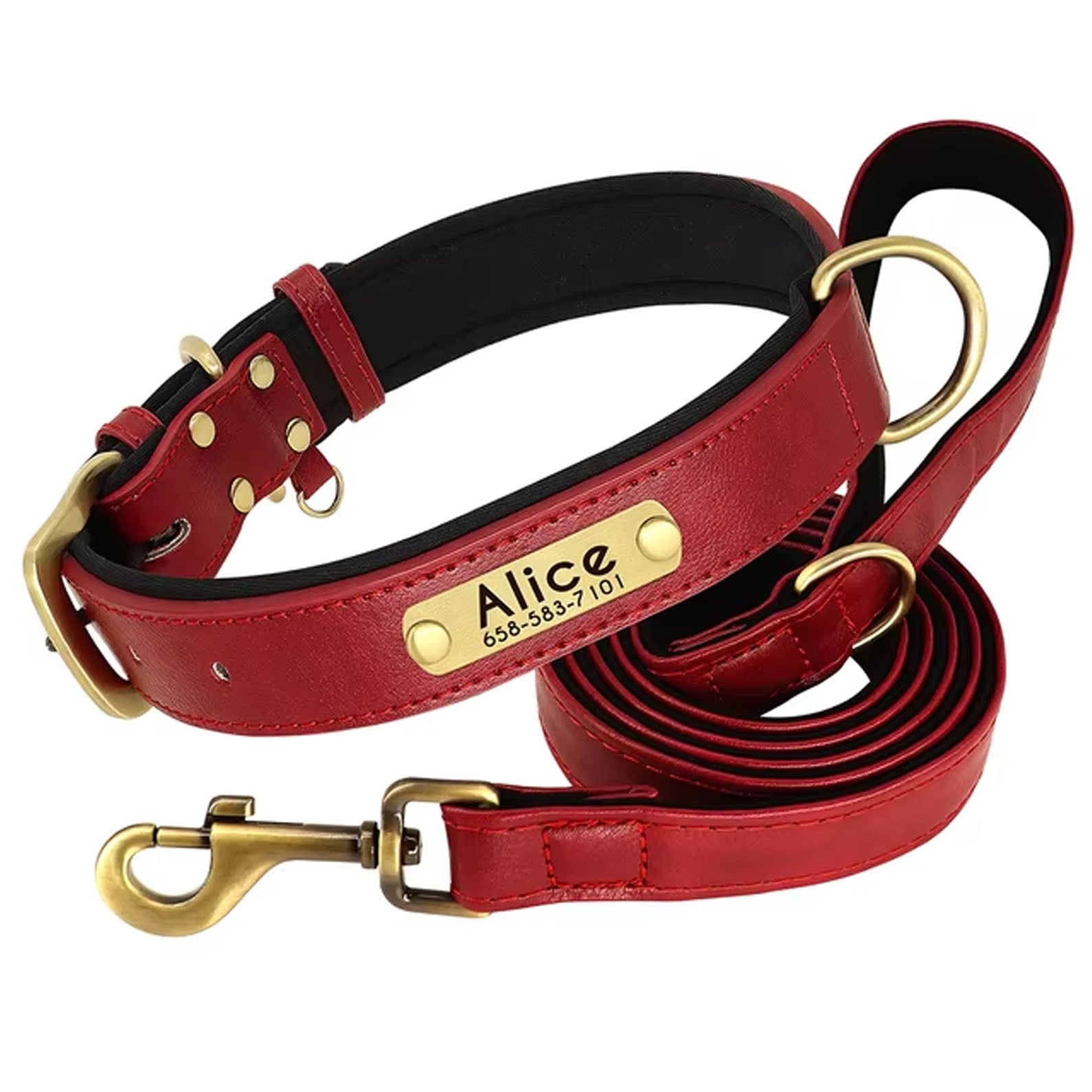 Red dog collar with black liner and engraved brass ID tag, gold buckle and D-ring