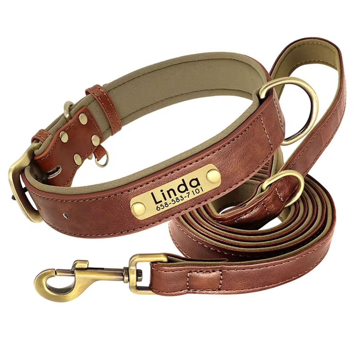 Brown leather-style dog collar set with engraved ID tag reading Linda