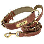 Brown leather-style dog collar set with engraved ID tag reading Linda
