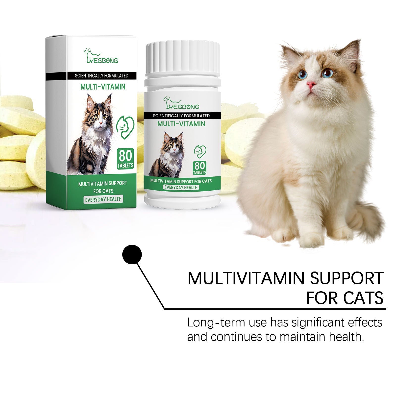 Cat multivitamin bottle and box with small cat, 80 tablets
