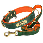 Green and orange dog collar set with engraved ID tag reading Bella