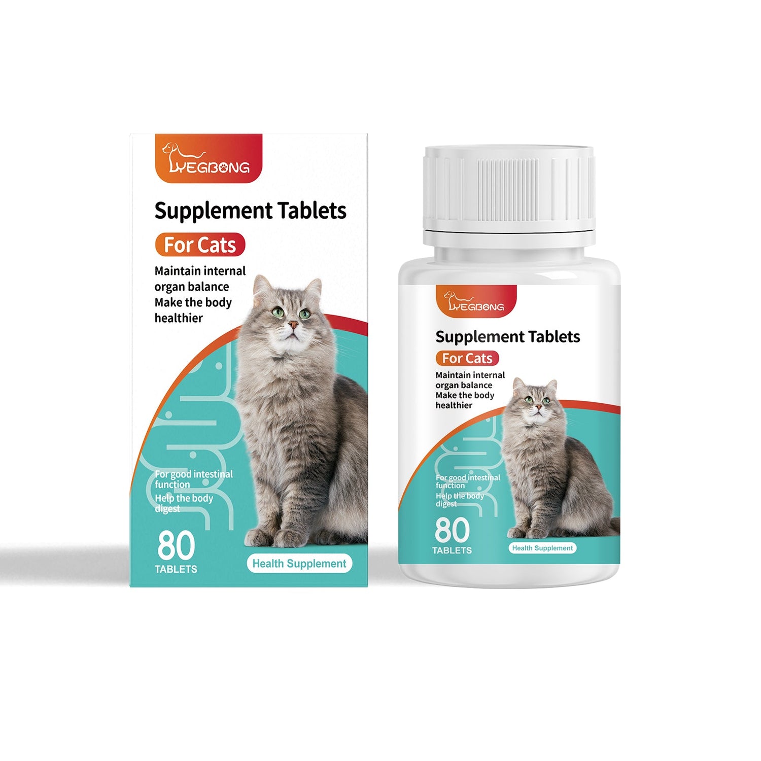 Cat probiotic tablets, 80 count bottle and box with cat health graphics