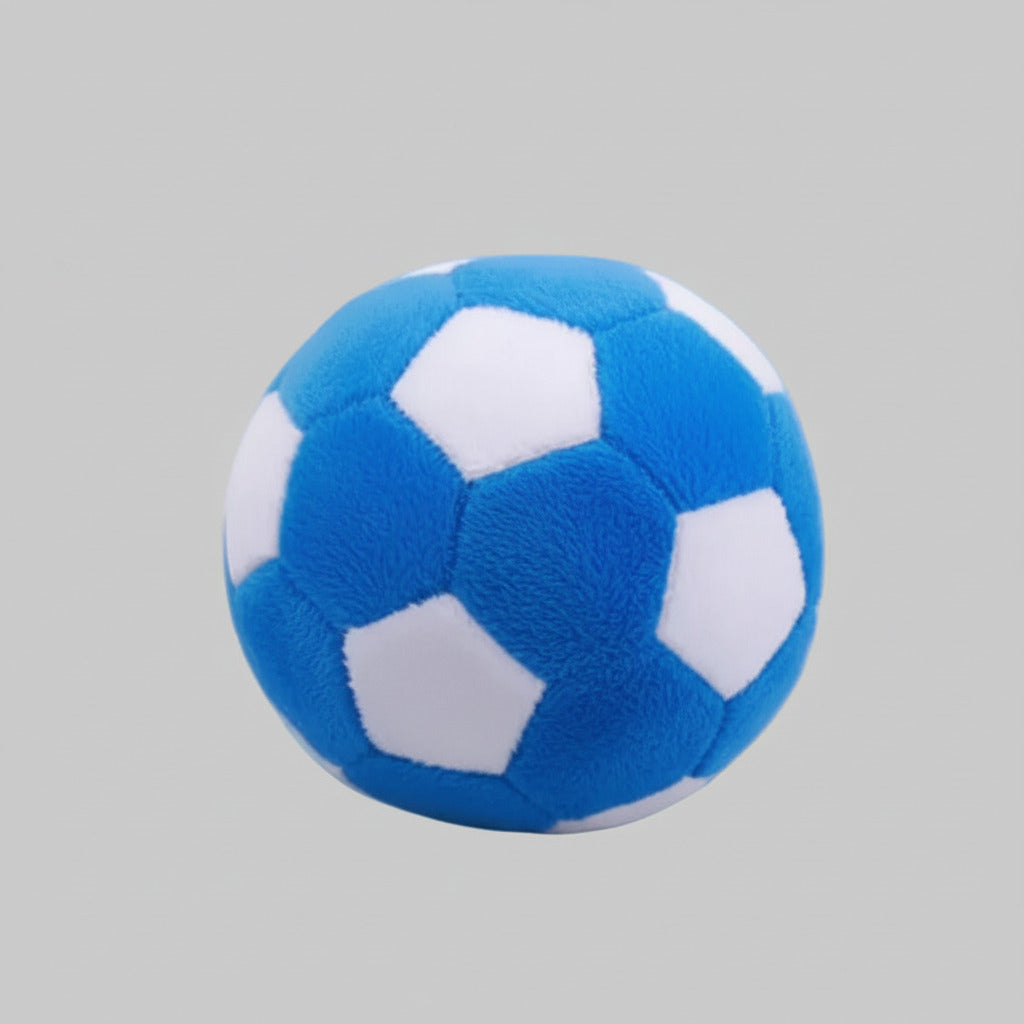 Plush squeaky dog ball toy shaped like a blue soccer ball with white patches