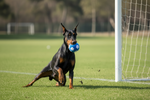 Plush squeaky blue soccer-ball dog toy with white patches
