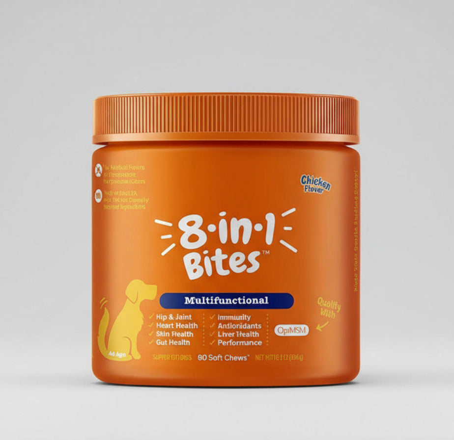 Orange dog vitamin supplement jar with ribbed lid, front label