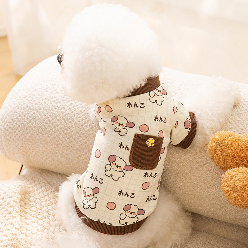 Rückansicht: Fleece-Sweatshirt creme mit braunem Taschenfach und versetztem Welpenmuster