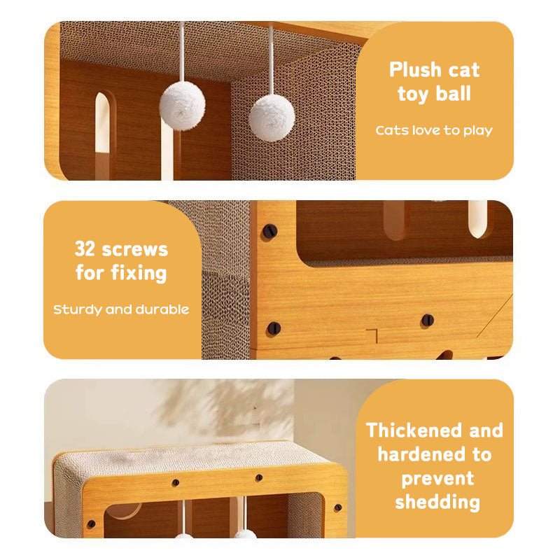 Cardboard cat house with wooden frame and hanging plush balls; product detail view