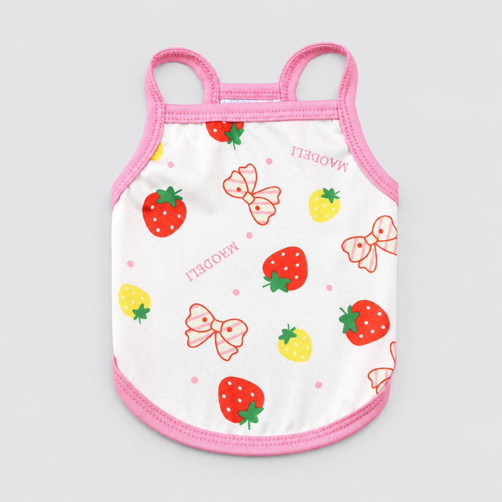 White pet tank top with pink trim, scattered strawberry and bow fruit print design on front.