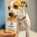 Dog and hand holding a small jar of dog peanut butter spread with golden filling