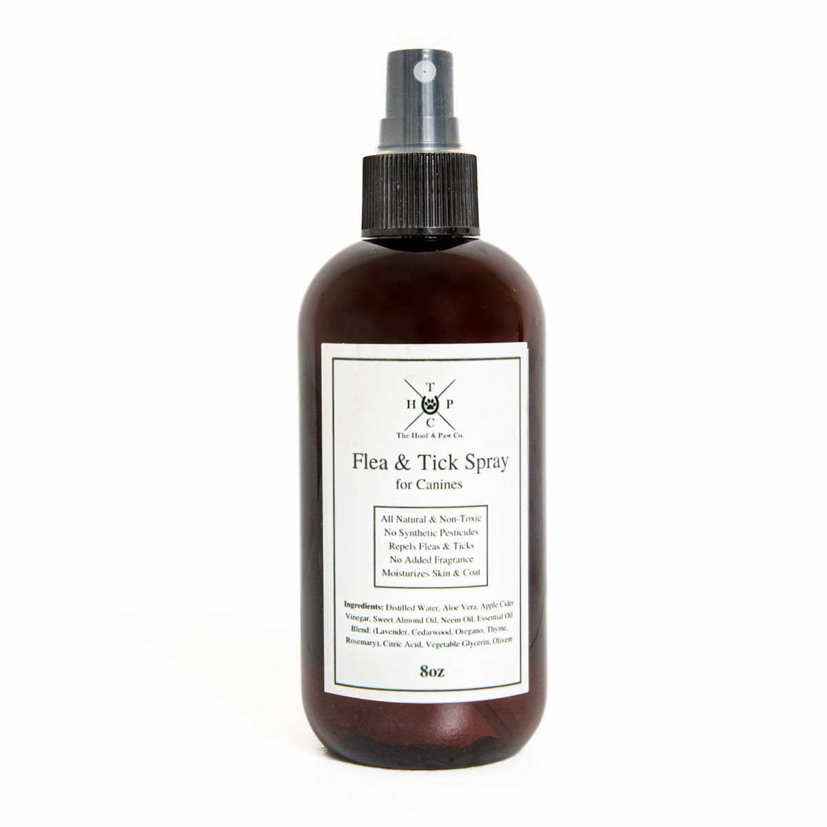 Brown flea and tick spray bottle with pump sprayer, front label, 8 oz